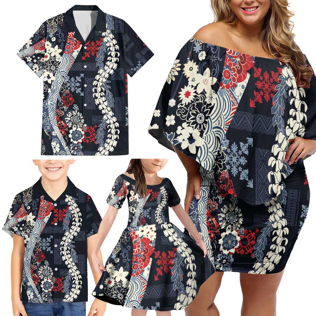 Hawaii Puakenikeni and Maile Lei Family Matching Off Shoulder Short Dress and Hawaiian Shirt Navy Blue Japanese Wave Style LT9 - Polynesian Pride