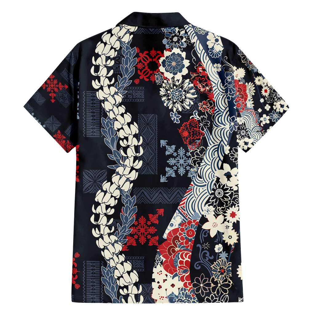 Hawaii Puakenikeni and Maile Lei Family Matching Off Shoulder Short Dress and Hawaiian Shirt Navy Blue Japanese Wave Style LT9 - Polynesian Pride