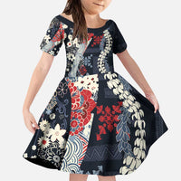 Hawaii Puakenikeni and Maile Lei Family Matching Puletasi and Hawaiian Shirt Navy Blue Japanese Wave Style LT9 Daughter's Dress Navy Blue - Polynesian Pride