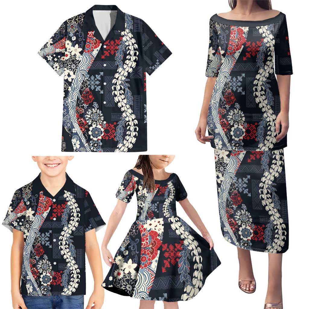Hawaii Puakenikeni and Maile Lei Family Matching Puletasi and Hawaiian Shirt Navy Blue Japanese Wave Style LT9 - Polynesian Pride