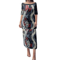 Hawaii Puakenikeni and Maile Lei Family Matching Puletasi and Hawaiian Shirt Navy Blue Japanese Wave Style LT9 Mom's Dress Navy Blue - Polynesian Pride