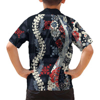 Hawaii Puakenikeni and Maile Lei Family Matching Short Sleeve Bodycon Dress and Hawaiian Shirt Navy Blue Japanese Wave Style LT9 - Polynesian Pride