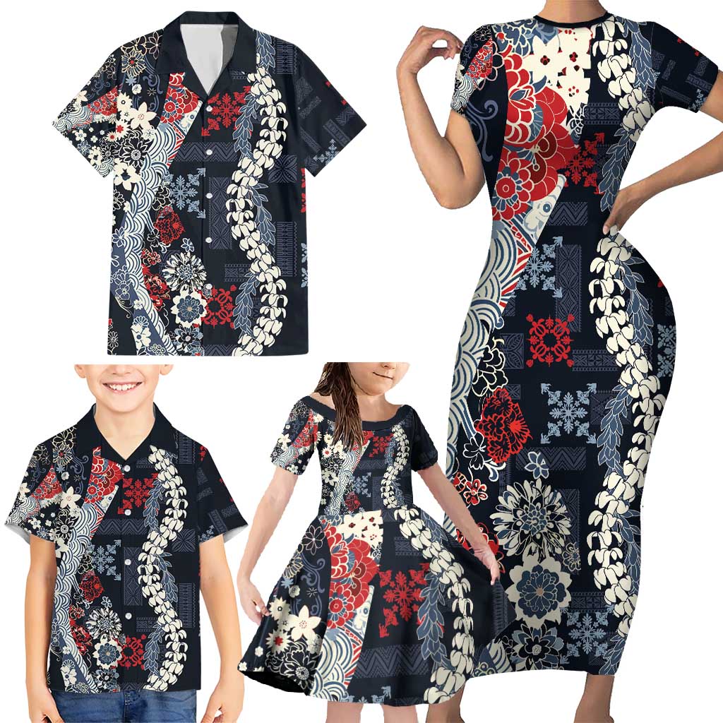 Hawaii Puakenikeni and Maile Lei Family Matching Short Sleeve Bodycon Dress and Hawaiian Shirt Navy Blue Japanese Wave Style LT9 - Polynesian Pride