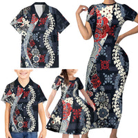 Hawaii Puakenikeni and Maile Lei Family Matching Short Sleeve Bodycon Dress and Hawaiian Shirt Navy Blue Japanese Wave Style LT9 - Polynesian Pride