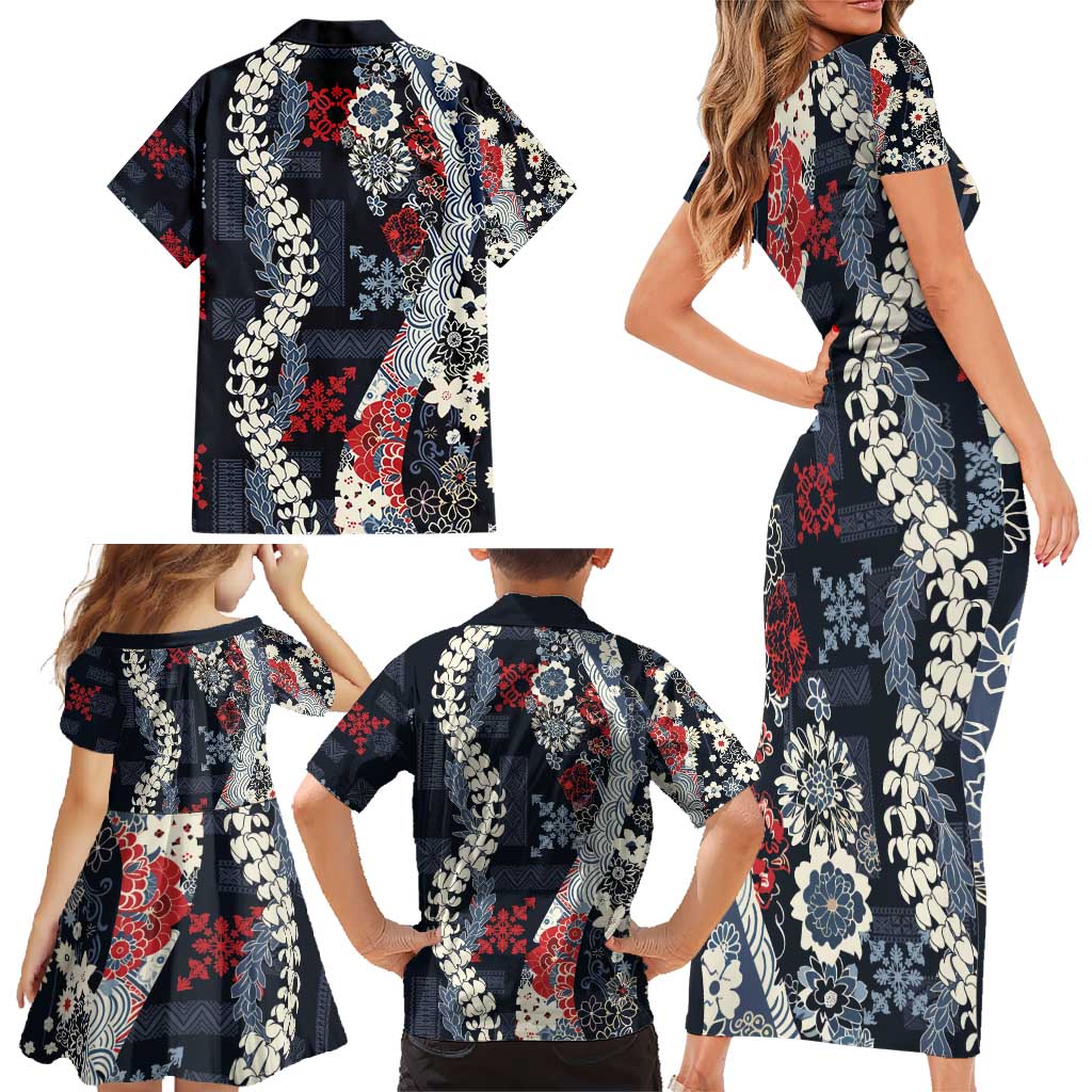Hawaii Puakenikeni and Maile Lei Family Matching Short Sleeve Bodycon Dress and Hawaiian Shirt Navy Blue Japanese Wave Style LT9 - Polynesian Pride