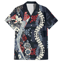 Hawaii Puakenikeni and Maile Lei Family Matching Short Sleeve Bodycon Dress and Hawaiian Shirt Navy Blue Japanese Wave Style LT9 Dad's Shirt - Short Sleeve Navy Blue - Polynesian Pride