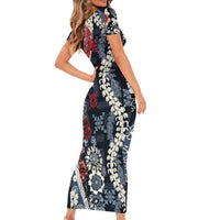 Hawaii Puakenikeni and Maile Lei Family Matching Short Sleeve Bodycon Dress and Hawaiian Shirt Navy Blue Japanese Wave Style LT9 - Polynesian Pride