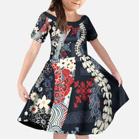 Hawaii Puakenikeni and Maile Lei Family Matching Summer Maxi Dress and Hawaiian Shirt Navy Blue Japanese Wave Style LT9 Daughter's Dress Navy Blue - Polynesian Pride