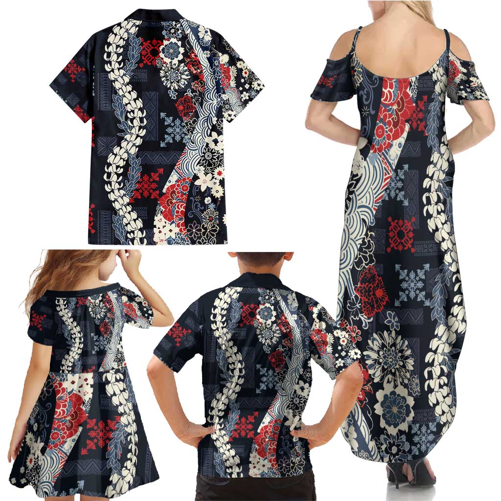 Hawaii Puakenikeni and Maile Lei Family Matching Summer Maxi Dress and Hawaiian Shirt Navy Blue Japanese Wave Style LT9 - Polynesian Pride