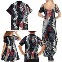 Hawaii Puakenikeni and Maile Lei Family Matching Summer Maxi Dress and Hawaiian Shirt Navy Blue Japanese Wave Style LT9 - Polynesian Pride
