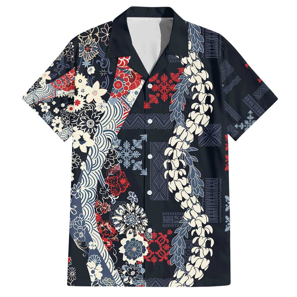 Hawaii Puakenikeni and Maile Lei Family Matching Summer Maxi Dress and Hawaiian Shirt Navy Blue Japanese Wave Style LT9 Dad's Shirt - Short Sleeve Navy Blue - Polynesian Pride