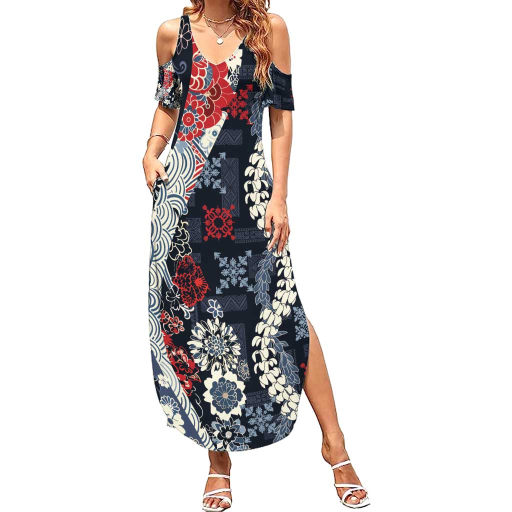 Hawaii Puakenikeni and Maile Lei Family Matching Summer Maxi Dress and Hawaiian Shirt Navy Blue Japanese Wave Style LT9 Mom's Dress Navy Blue - Polynesian Pride