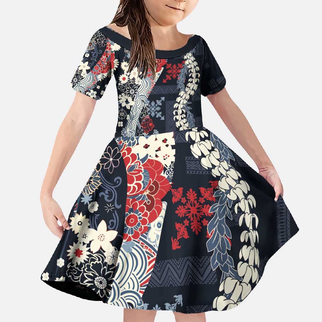 Hawaii Puakenikeni and Maile Lei Family Matching Tank Maxi Dress and Hawaiian Shirt Navy Blue Japanese Wave Style LT9 Daughter's Dress Navy Blue - Polynesian Pride