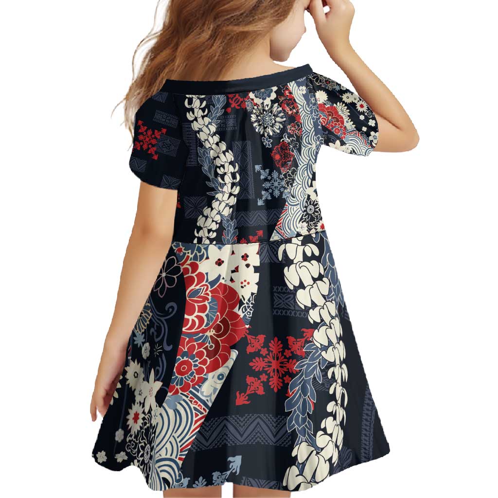 Hawaii Puakenikeni and Maile Lei Family Matching Tank Maxi Dress and Hawaiian Shirt Navy Blue Japanese Wave Style LT9 - Polynesian Pride