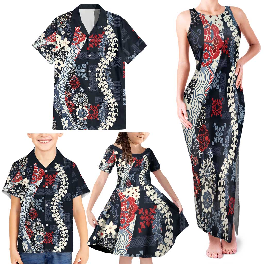 Hawaii Puakenikeni and Maile Lei Family Matching Tank Maxi Dress and Hawaiian Shirt Navy Blue Japanese Wave Style LT9 - Polynesian Pride