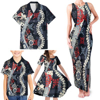 Hawaii Puakenikeni and Maile Lei Family Matching Tank Maxi Dress and Hawaiian Shirt Navy Blue Japanese Wave Style LT9 - Polynesian Pride