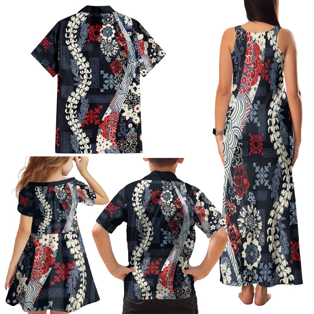 Hawaii Puakenikeni and Maile Lei Family Matching Tank Maxi Dress and Hawaiian Shirt Navy Blue Japanese Wave Style LT9 - Polynesian Pride