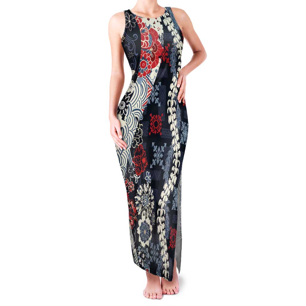 Hawaii Puakenikeni and Maile Lei Family Matching Tank Maxi Dress and Hawaiian Shirt Navy Blue Japanese Wave Style LT9 Mom's Dress Navy Blue - Polynesian Pride