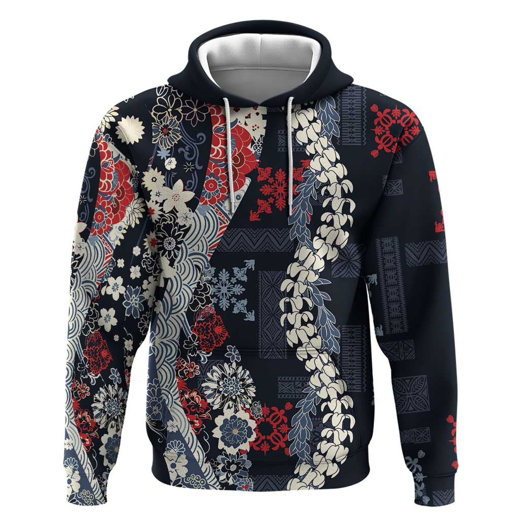 Hawaii Puakenikeni and Maile Lei Hoodie Navy Blue Japanese Wave Style - Polynesian Pride