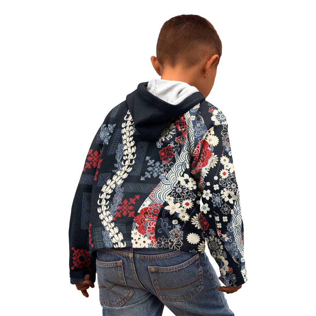 Hawaii Puakenikeni and Maile Lei Kid Hoodie Navy Blue Japanese Wave Style - Polynesian Pride