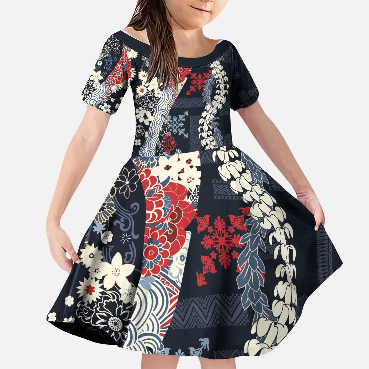 Hawaii Puakenikeni and Maile Lei Kid Short Sleeve Dress Navy Blue Japanese Wave Style - Polynesian Pride