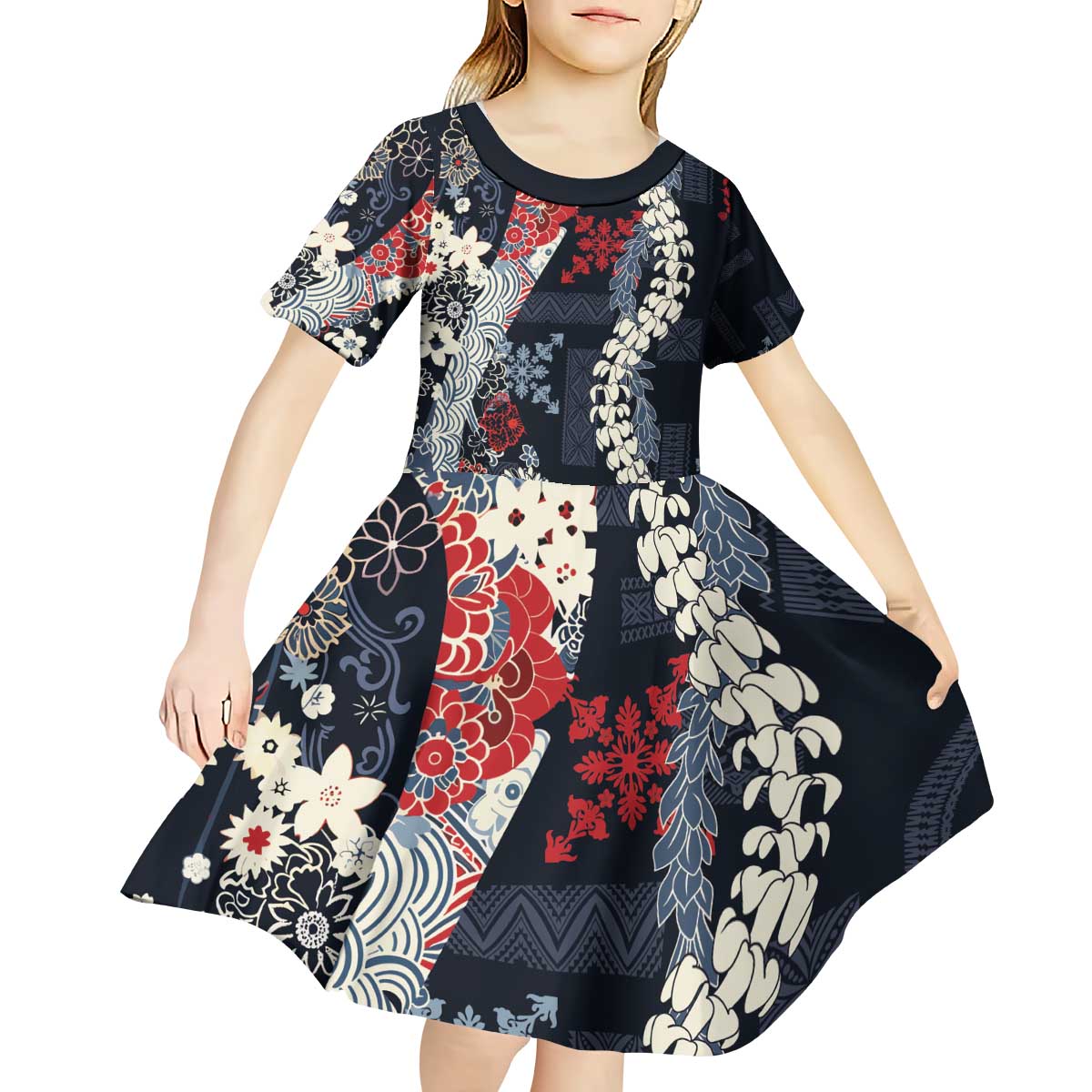 Hawaii Puakenikeni and Maile Lei Kid Short Sleeve Dress Navy Blue Japanese Wave Style - Polynesian Pride