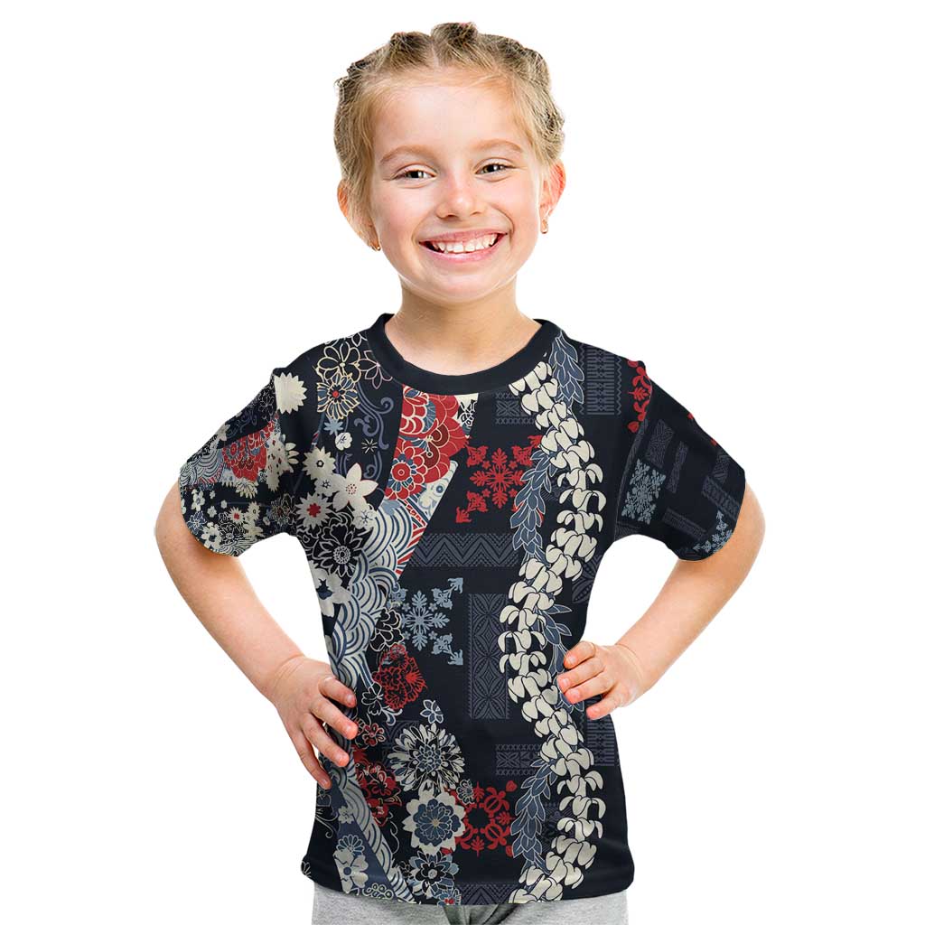 Hawaii Puakenikeni and Maile Lei Kid T Shirt Navy Blue Japanese Wave Style - Polynesian Pride