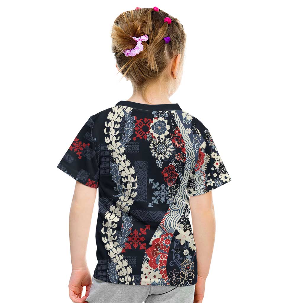 Hawaii Puakenikeni and Maile Lei Kid T Shirt Navy Blue Japanese Wave Style - Polynesian Pride