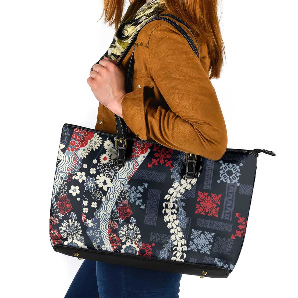Hawaii Puakenikeni and Maile Lei Leather Tote Bag Navy Blue Japanese Wave Style - Polynesian Pride