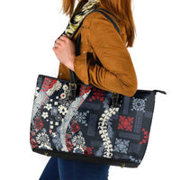 Hawaii Puakenikeni and Maile Lei Leather Tote Bag Navy Blue Japanese Wave Style - Polynesian Pride