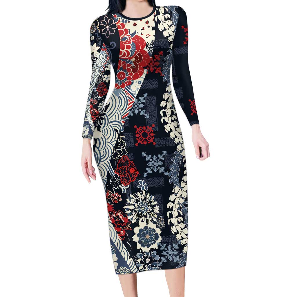 Hawaii Puakenikeni and Maile Lei Long Sleeve Bodycon Dress Navy Blue Japanese Wave Style LT9 Long Dress Navy Blue - Polynesian Pride