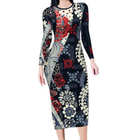 Hawaii Puakenikeni and Maile Lei Long Sleeve Bodycon Dress Navy Blue Japanese Wave Style LT9 Long Dress Navy Blue - Polynesian Pride