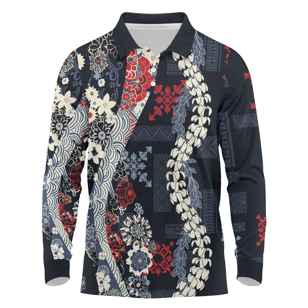 Hawaii Puakenikeni and Maile Lei Long Sleeve Polo Shirt Navy Blue Japanese Wave Style LT9 Navy Blue - Polynesian Pride