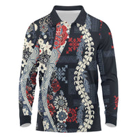 Hawaii Puakenikeni and Maile Lei Long Sleeve Polo Shirt Navy Blue Japanese Wave Style LT9 Navy Blue - Polynesian Pride