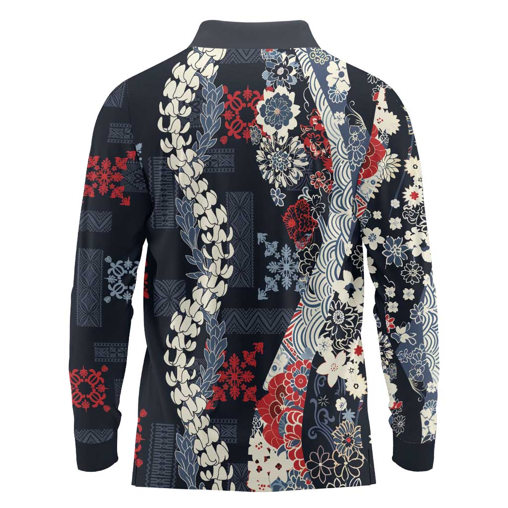 Hawaii Puakenikeni and Maile Lei Long Sleeve Polo Shirt Navy Blue Japanese Wave Style LT9 - Polynesian Pride