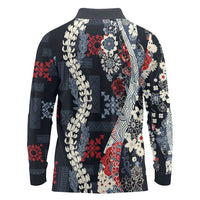 Hawaii Puakenikeni and Maile Lei Long Sleeve Polo Shirt Navy Blue Japanese Wave Style LT9 - Polynesian Pride