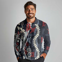 Hawaii Puakenikeni and Maile Lei Long Sleeve Polo Shirt Navy Blue Japanese Wave Style LT9 - Polynesian Pride