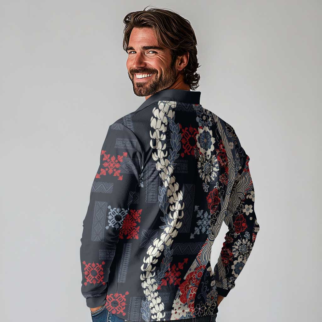 Hawaii Puakenikeni and Maile Lei Long Sleeve Polo Shirt Navy Blue Japanese Wave Style LT9 - Polynesian Pride