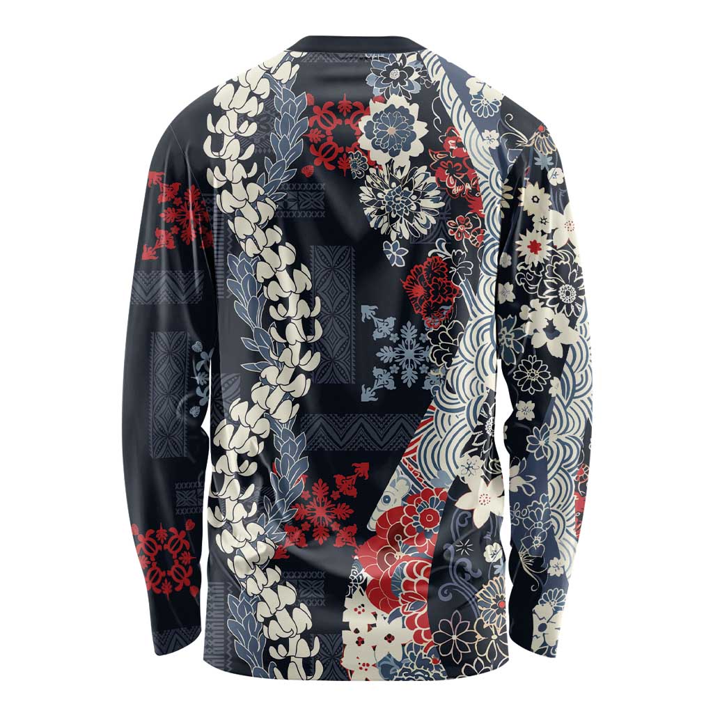 Hawaii Puakenikeni and Maile Lei Long Sleeve Shirt Navy Blue Japanese Wave Style - Polynesian Pride