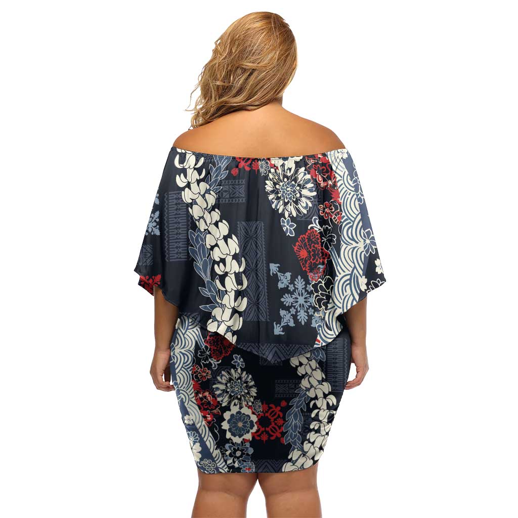 Hawaii Puakenikeni and Maile Lei Off Shoulder Short Dress Navy Blue Japanese Wave Style - Polynesian Pride