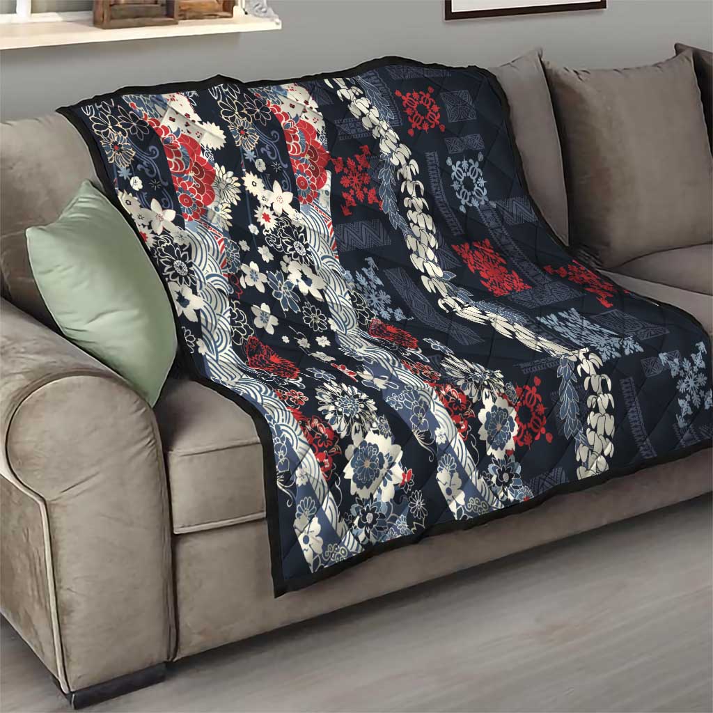 Hawaii Puakenikeni and Maile Lei Quilt Navy Blue Japanese Wave Style - Polynesian Pride