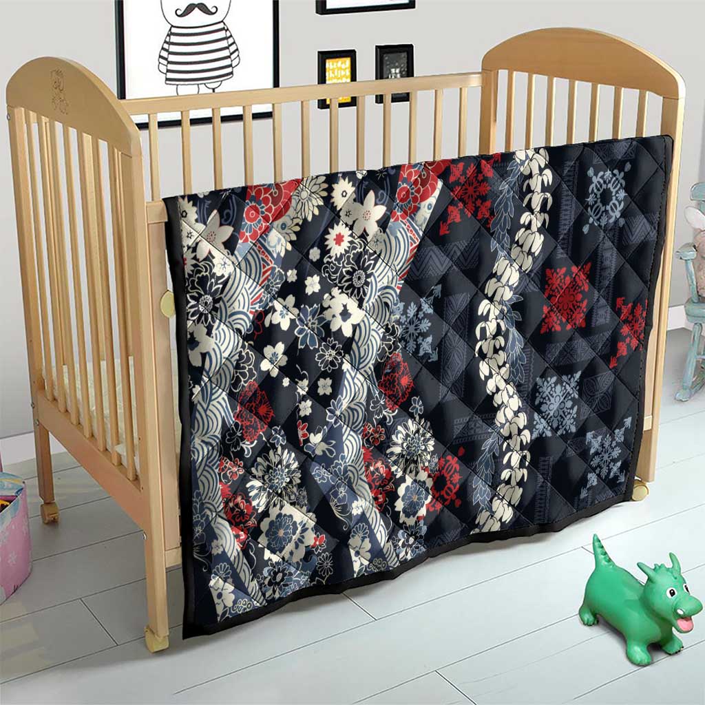 Hawaii Puakenikeni and Maile Lei Quilt Navy Blue Japanese Wave Style - Polynesian Pride