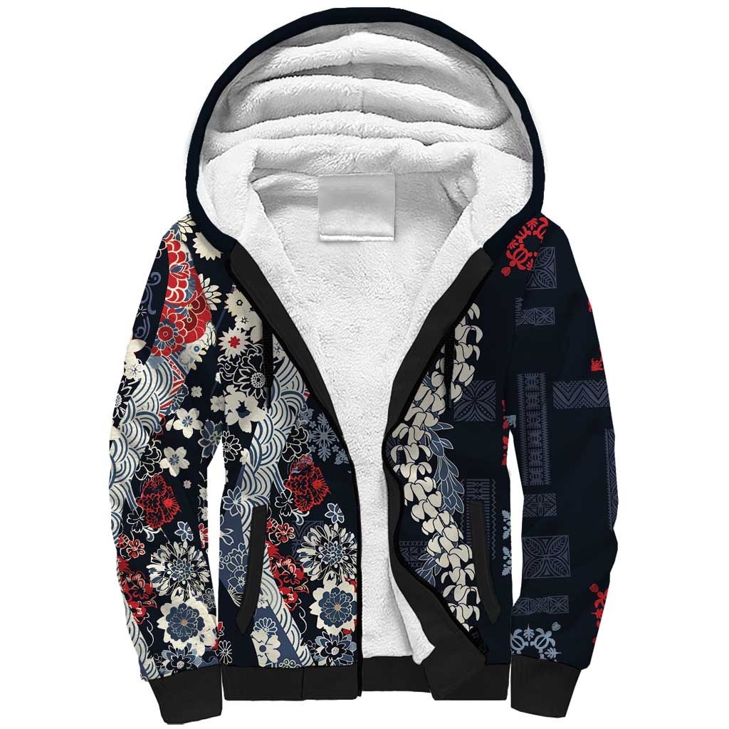 Hawaii Puakenikeni and Maile Lei Sherpa Hoodie Navy Blue Japanese Wave Style LT9 Unisex Navy Blue - Polynesian Pride