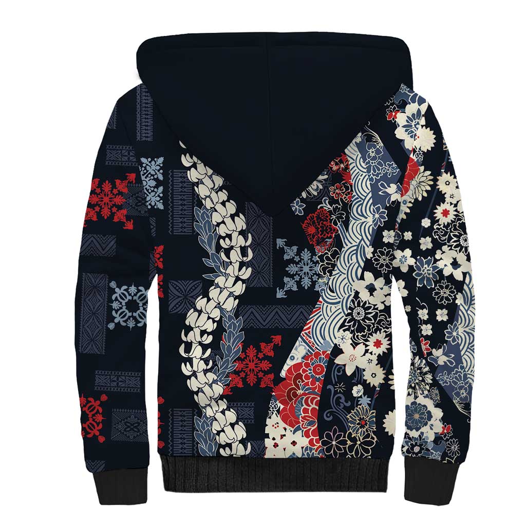 Hawaii Puakenikeni and Maile Lei Sherpa Hoodie Navy Blue Japanese Wave Style LT9 - Polynesian Pride