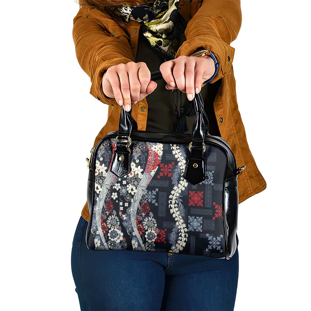 Hawaii Puakenikeni and Maile Lei Shoulder Handbag Navy Blue Japanese Wave Style - Polynesian Pride