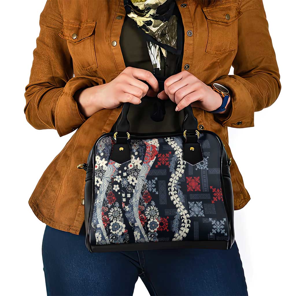 Hawaii Puakenikeni and Maile Lei Shoulder Handbag Navy Blue Japanese Wave Style - Polynesian Pride