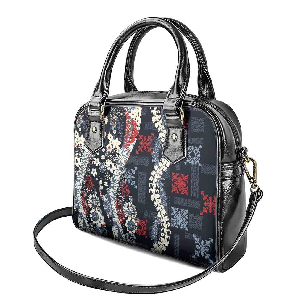 Hawaii Puakenikeni and Maile Lei Shoulder Handbag Navy Blue Japanese Wave Style - Polynesian Pride