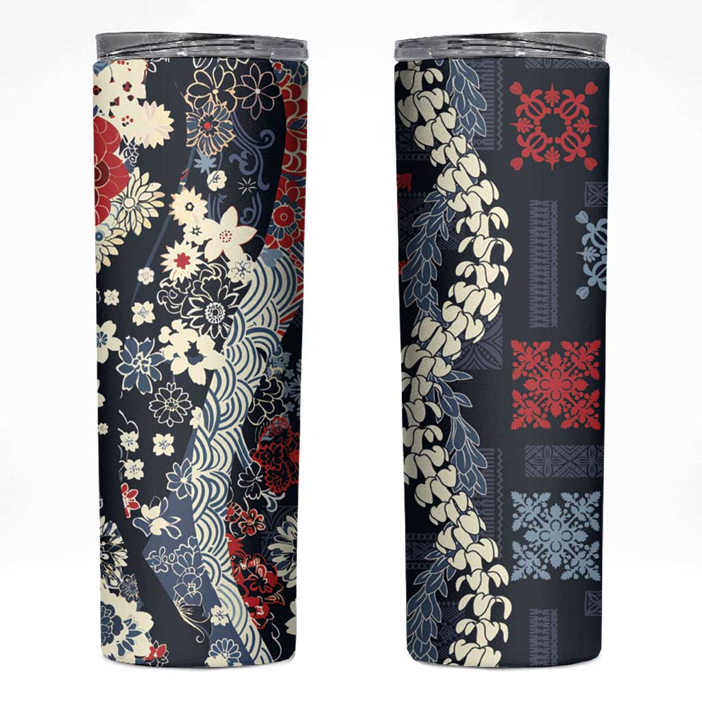 Hawaii Puakenikeni and Maile Lei Skinny Tumbler Navy Blue Japanese Wave Style LT9 Navy Blue - Polynesian Pride