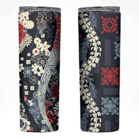 Hawaii Puakenikeni and Maile Lei Skinny Tumbler Navy Blue Japanese Wave Style LT9 Navy Blue - Polynesian Pride