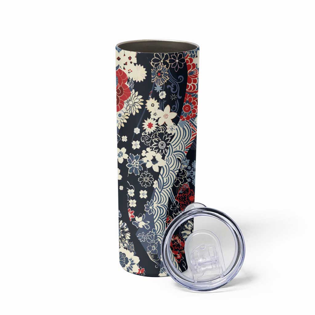 Hawaii Puakenikeni and Maile Lei Skinny Tumbler Navy Blue Japanese Wave Style LT9 - Polynesian Pride